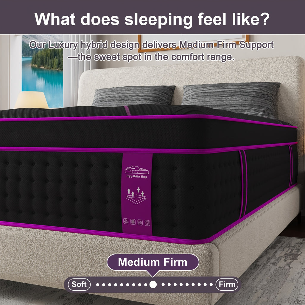 12-Inch/14-Inch Hybrid Mattress, Twn, Full Queen &King Sizes, Ergonomic Support, Individually Wrapped Springs & Memory Foam, Medium Firm