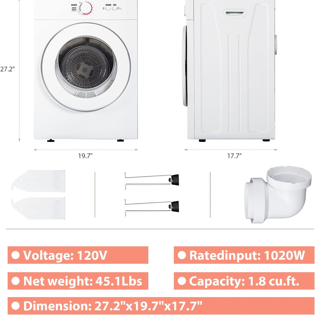 [Portable Dryer For Apartments] Compact Dryer 1.5/1.8/2.65 Cu. Ft. Portable Clothes Dryers With Exhaust Duct With Stainless Steel Liner Four Function Small Dryer Machine, Suitable For Apartments, Dorm, RVs, White