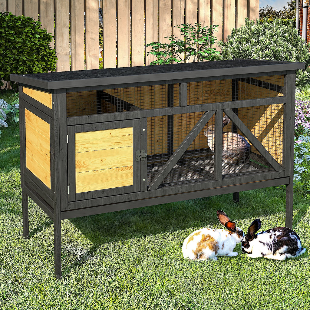 Rabbit Hutch, 46.7" Elevated Rabbit Cage - Indoor & Outdoor Rabbit Hutch, Wooden Design with Removable Tray, Bunny Cage for Guinea Pig, Asphalt Roof And Bottom Wire Mesh for Small-Medium Animals, Without Battery