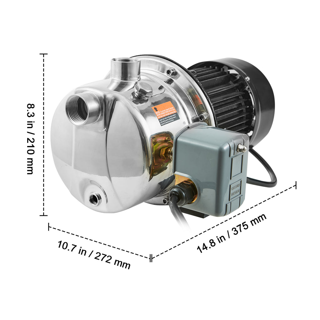 VEVOR 3/4HP SUS304 Stainless Steel Shallow Well Jet Pump, 115 Volt, 18.5 GPM 131 FT Maximum Head Irrigation Water Pump, for Agricultural Garden Irrigation System High-Rise Water Supply Shower Booster