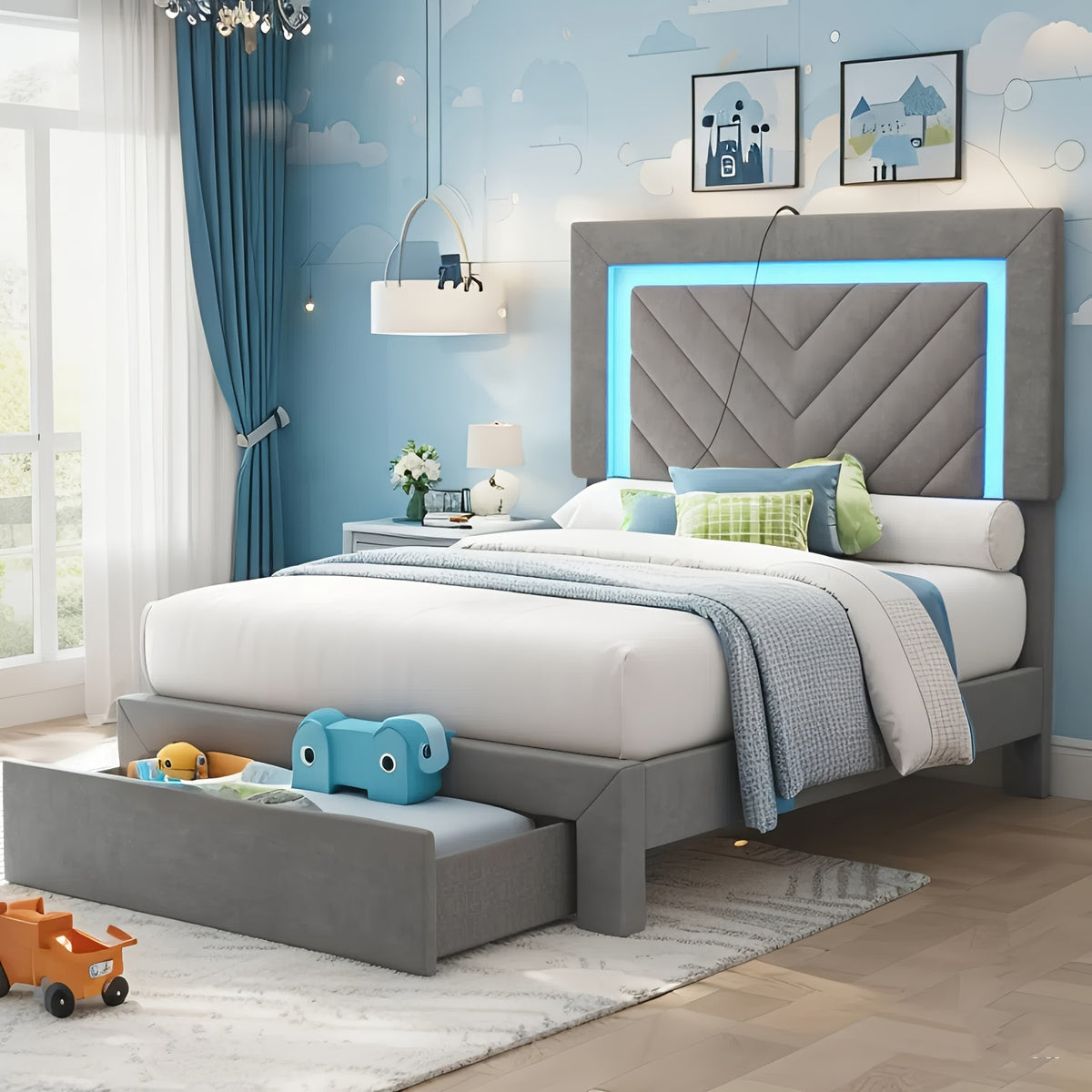 Platform Bed Frame with LED Adjustable Headboard, Upholstered Bed Frame with Storage Drawers And Charging Station, Twin, Full, Queen, No Box Spring Needed, Noise Free