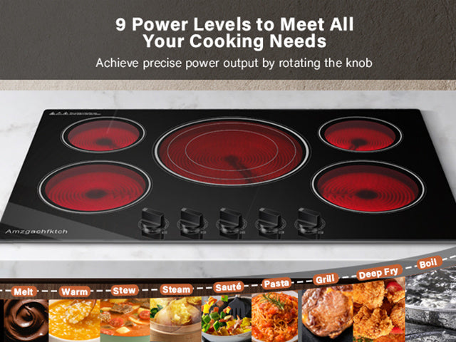 5 Burner Countertop Electric Cooktop, 30 Inch Built-in Ceramic Stove Top, 30" Radiant Electric Stove Top With Knob Control, Hot Surface Indicator, 9000W, 220V-240V Hard Wire(No Plug)