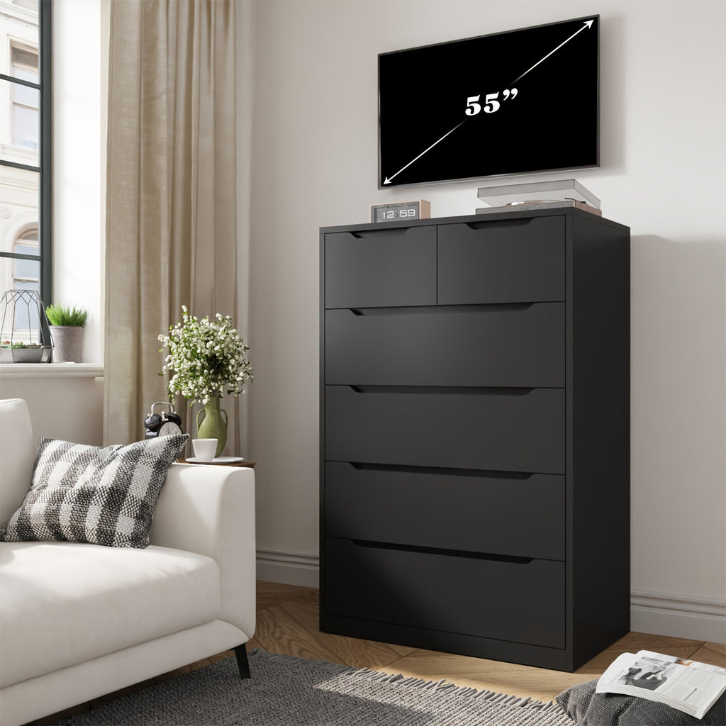 6-Drawer Dresser for Bedroom, Modern Chest of Drawers, Black Dresser with Large Organizer, Deep Drawer And Smooth Metal Rail, Black