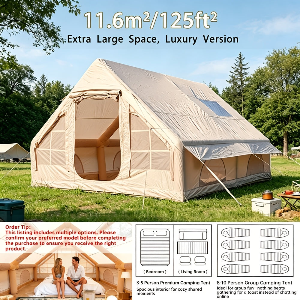 Inflatable Camping Tent（Optional: Skylight, Stove Jack） for 4-6 Person,4 Season Camping Tent, Large Luxury Air Tent with Manual Pump, Easy Setup Portable Glamping House, High Quality Windproof Family Outdoor Shelter Best Valentine's Day Gifts