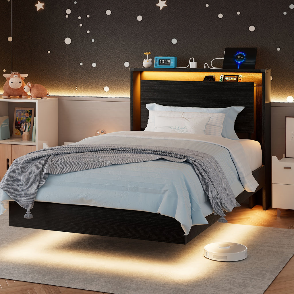Floating Bed Frame with LED Lights & Charging Station, Heavy Duty Metal Support Frame, Easy Assembly, Bed Frame Without Mattres