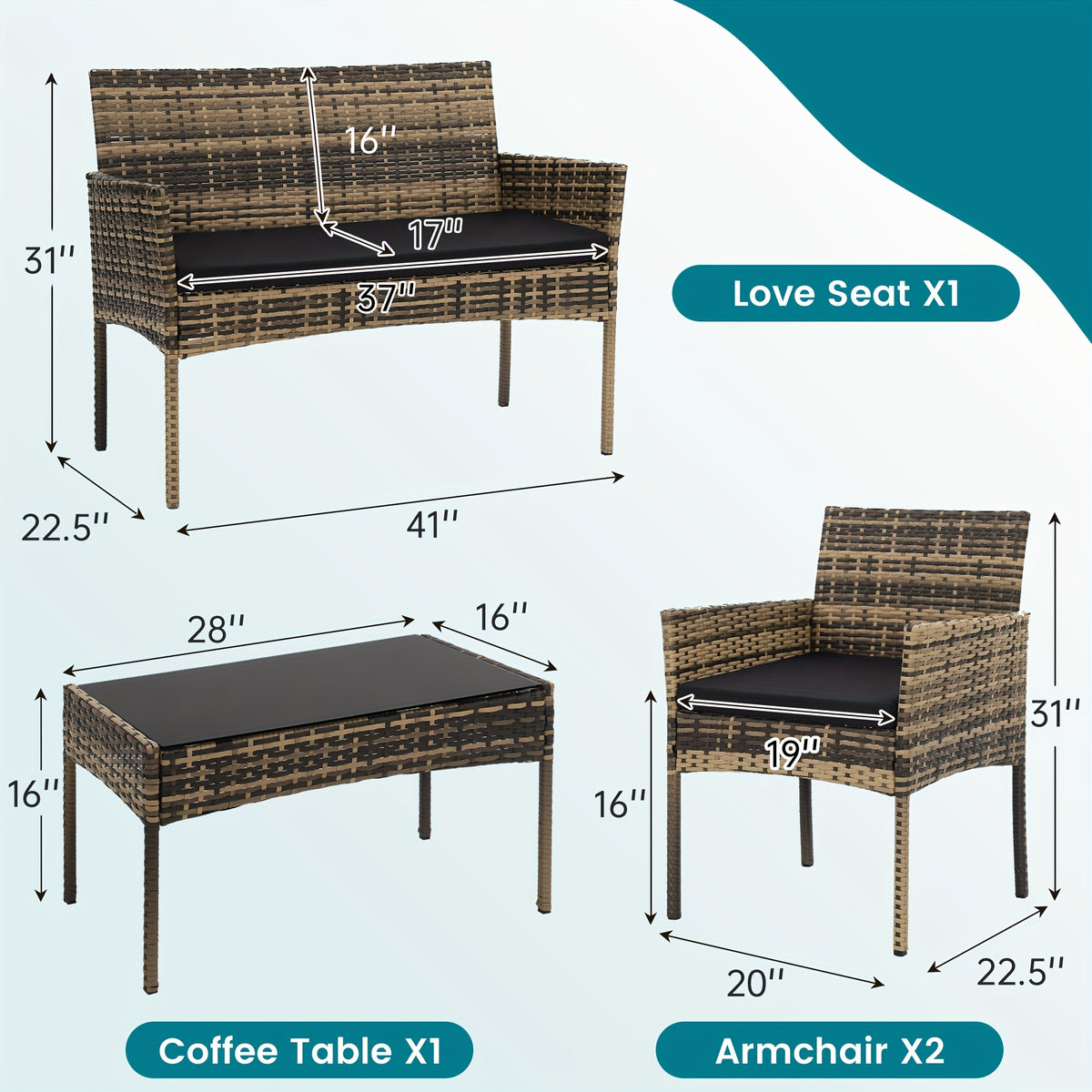 KROFEM 4pcs Bistro Conversation Rattan Furniture Set, Designed for Casual Worry Free Outdoor Living, Premium Quality Sofa, 2 Chairs And Sofa Loveseat with Cushions Plus Glass Top Coffee Table, for Patio, Porch, Or Balcony