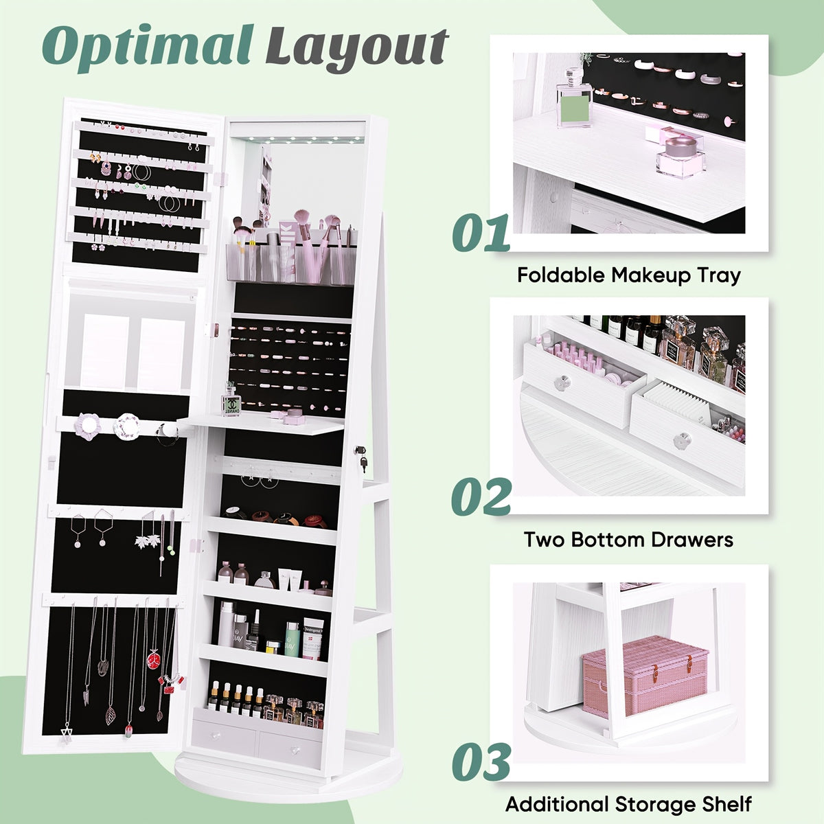 Freestanding Rotating Jewelry Cabinet with Full-Length Mirror & Lockable Storage Armoire - Foldable Makeup Shelf & Lights Suitable for Bedroom, Wood, Mirror Dresser Organizer for Room, Space-Saving