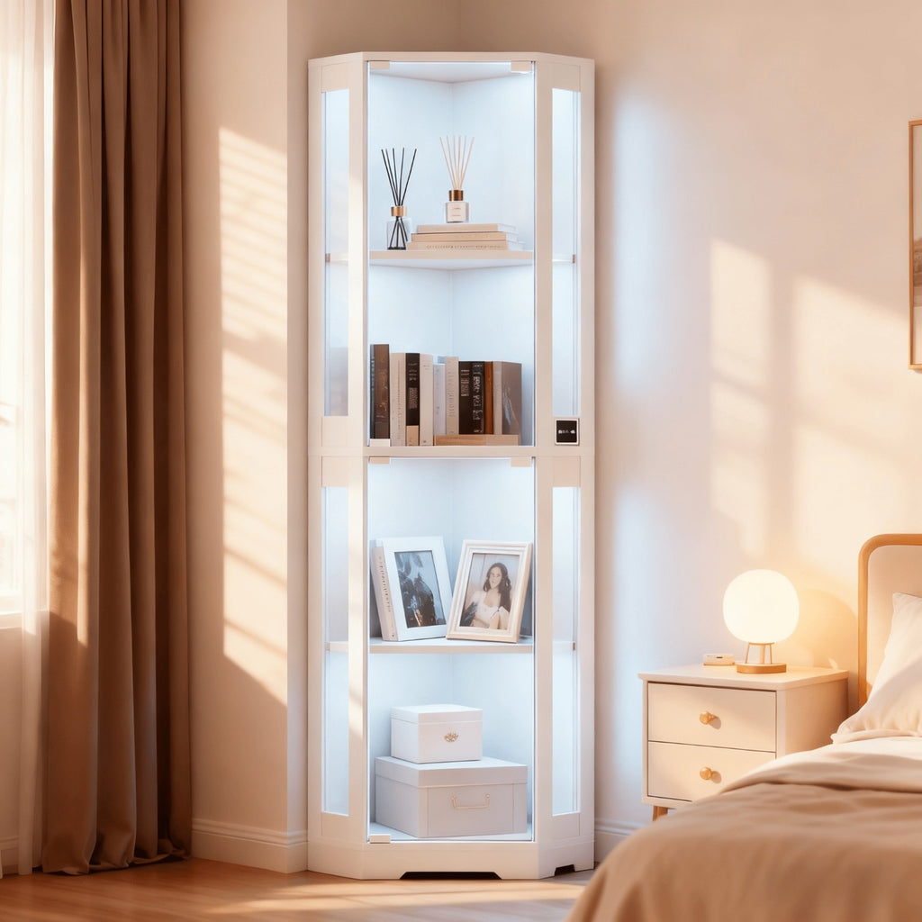 Office Bookshelf with Corner, 4-layer Glass Storage Display Cabinet, with Three LEDs and Human Body Sensor, Can Store Figures, Books, Documents, Medals, Suitable for Living Room, Bedroom, Office