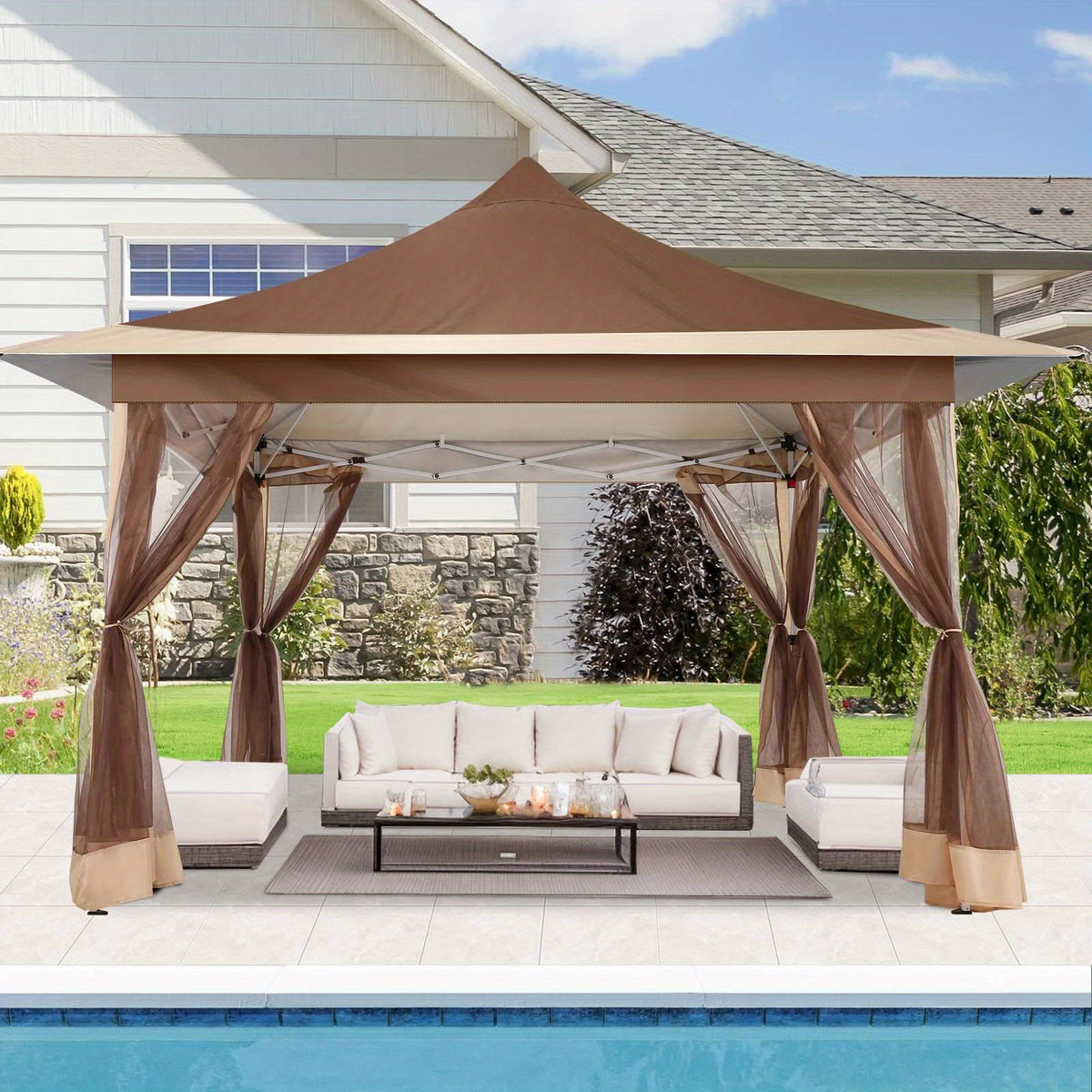 12x12ft Foldable Pop-up Tent, Home Decoration Party Canopy Gazebo with Mosquito Net, Including Carrying Bag and Sandbag, UV and Insect Repellent, Easy to Install, Perfect for Camping, Beach, Party, Yard, Villa, Lawn and Other Outdoor Events