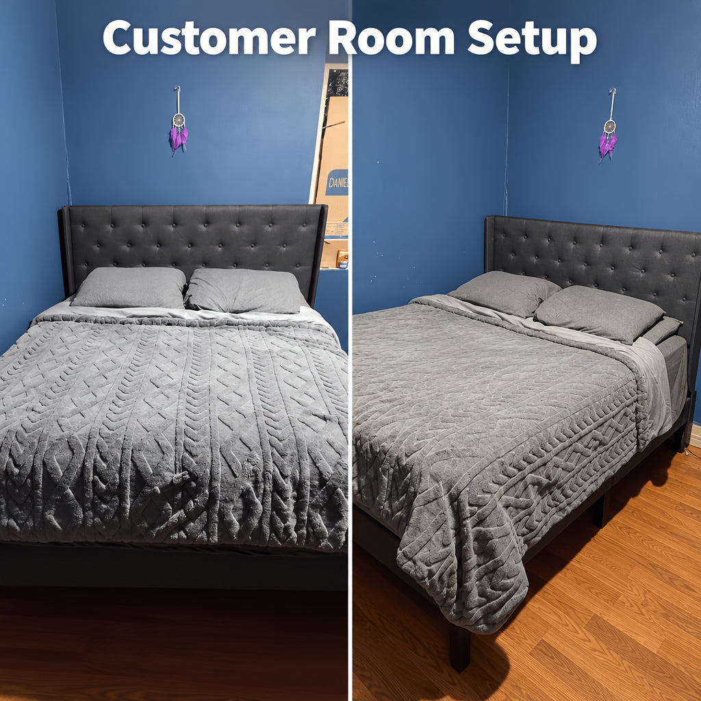 Valnase Modern Style Platform Bed Frame with 24"H Button Tufted Headboard, Solid Wood Slats Support, Artistic Legs Design - Dark Grey/Light Grey/Black Linen & White Velvet Options, Bed Frame for Home Bedroom