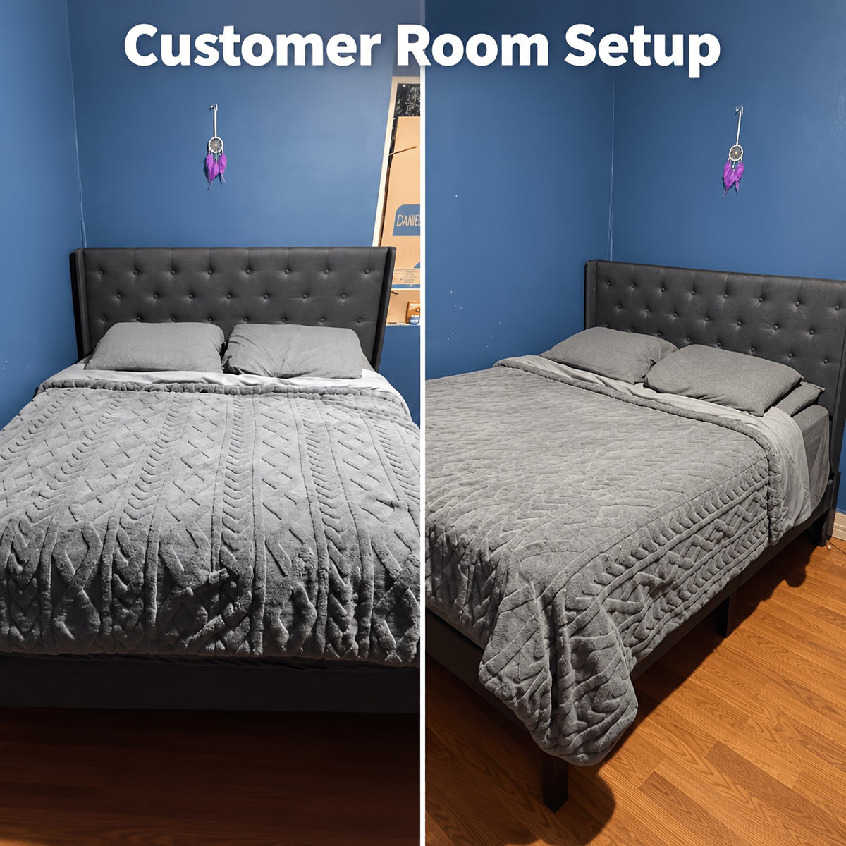 Valnase Modern Style Platform Bed Frame with 24"H Button Tufted Headboard, Solid Wood Slats Support, Artistic Legs Design - Dark Grey/Light Grey/Black Linen & White Velvet Options, Bed Frame for Home Bedroom