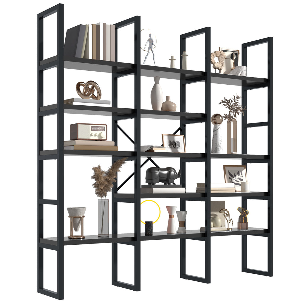 Industrial Bookcase, 71-Inch 5-Tier Triple-Wide Geometric Display Shelf for Home or Office