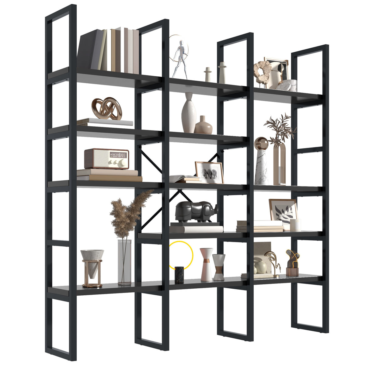 71" Industrial Bookcase - 5-Tier Triple Wide Geometric Shelf, Sturdy Metal Frame, Freestanding Display Unit for Home & Office