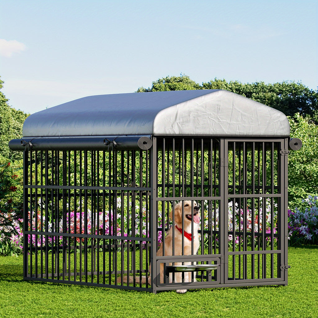 Large Outdoor Dog Kennel Measuring 70.87 Inches in Height, 78.74 Inches in Width, And 47.24 Inches in Depth, Equipped with Two Food Bowls And a Secure Lock. This Heavy-Duty Dog Crate Furniture Is Designed for Medium to Large Dogs And Features a And