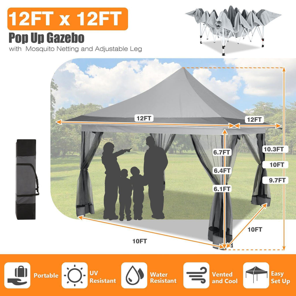 12x12ft Foldable Pop-up Tent, Home Decoration Party Canopy Gazebo with Mosquito Net, Including Carrying Bag and Sandbag, UV and Insect Repellent, Easy to Install, Perfect for Camping, Beach, Party, Yard, Villa, Lawn and Other Outdoor Events
