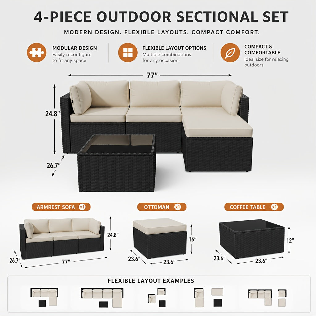Discount! 5/6pcs L-Shaped Rattan Patio Sofa Set with Cushions, Glass Coffee Table & Ottoman, Perfect for Patio, Backyard, Garden, Balcony, Terrace, Poolside, Porch, Villa Outdoor Areas, Homestays, And Restaurant Outdoor Lounges