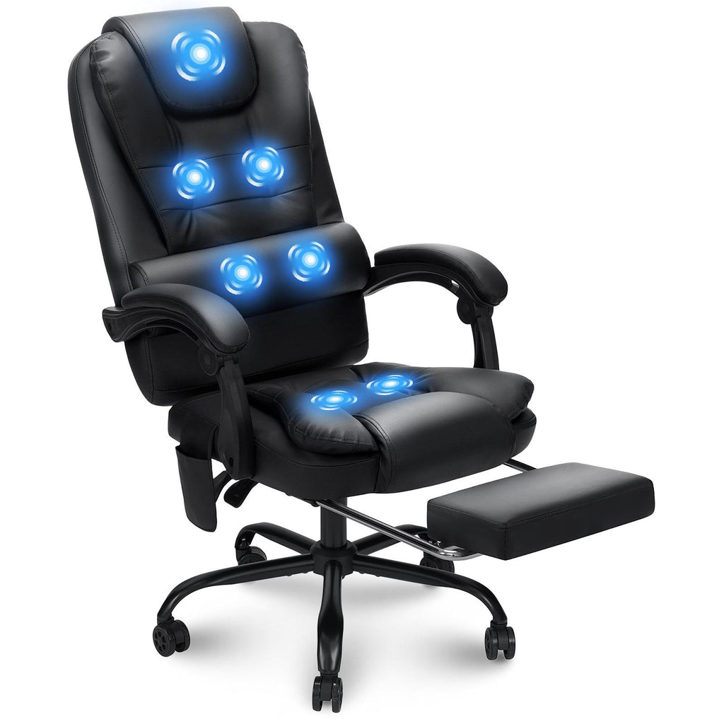 Office Chair Designed for Executives Featuring a 7-Point Massage System, Lumbar Support, And a Swivel Base. It Has a High Back Made of Leather And Includes a Reclining Footrest, Suitable for Home Office Use.