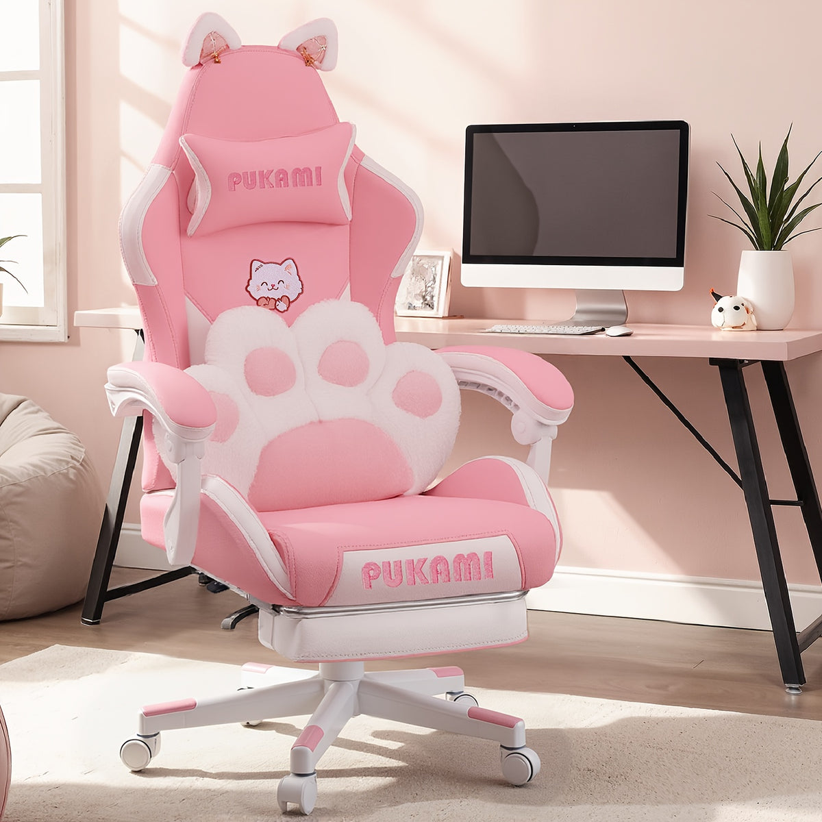 Adorable Pink Gaming Chair Featuring Cat Ears And a Paw-Shaped Lumbar Cushion, Designed Ergonomically For, Complete with a Footrest And Headrest, Providing a Cozy Reclining Experience for Both Adults And Teens