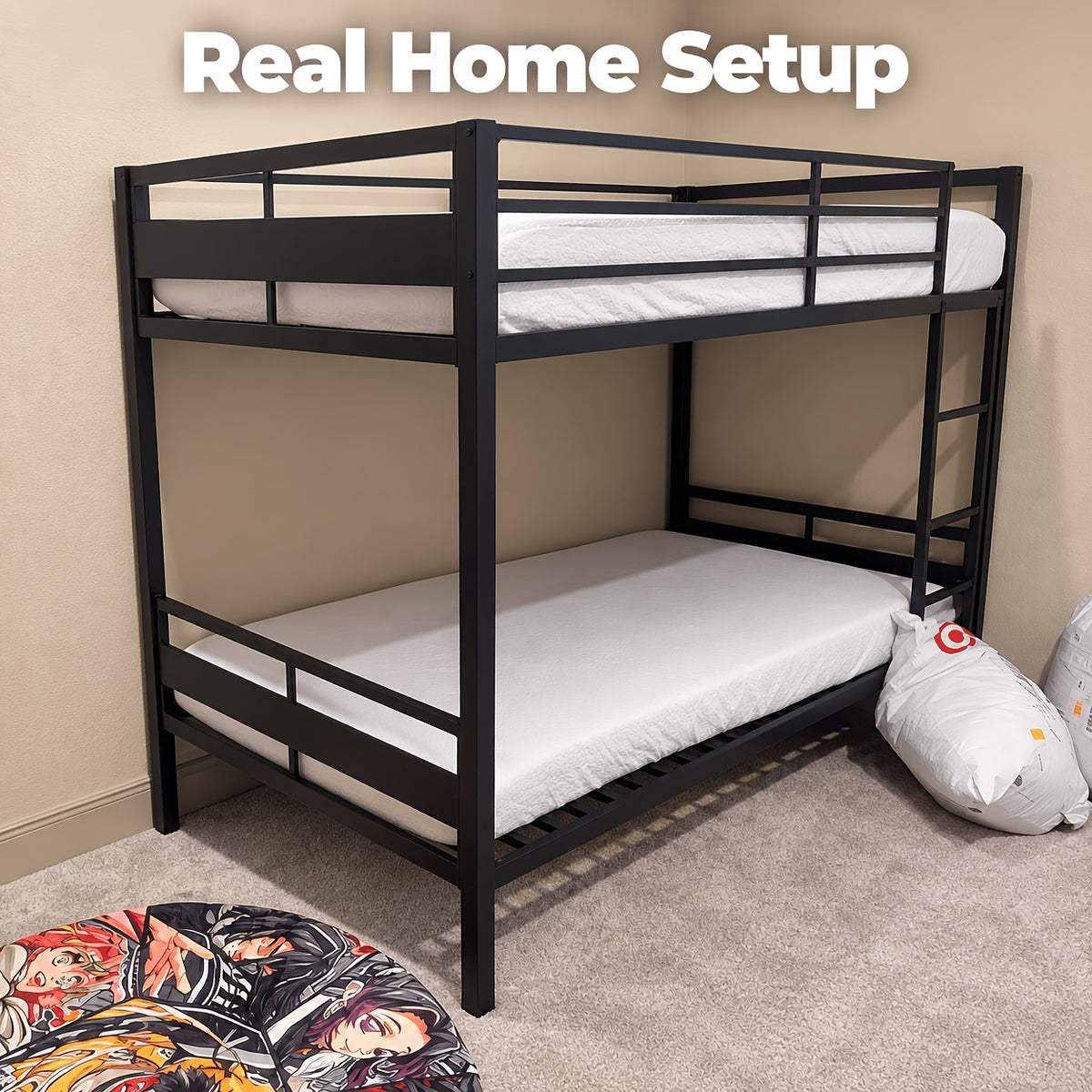 77.5"L Heavy Duty Metal Bed Frame, Twin Over Twin Or Full Over Twin Bunk Bed with Full Length Guardrails And Ladder, Black/Rustic Brown/White Options, Easy Assembly, Suitable for Shared Bedrooms, Bed Frame Without Mattress