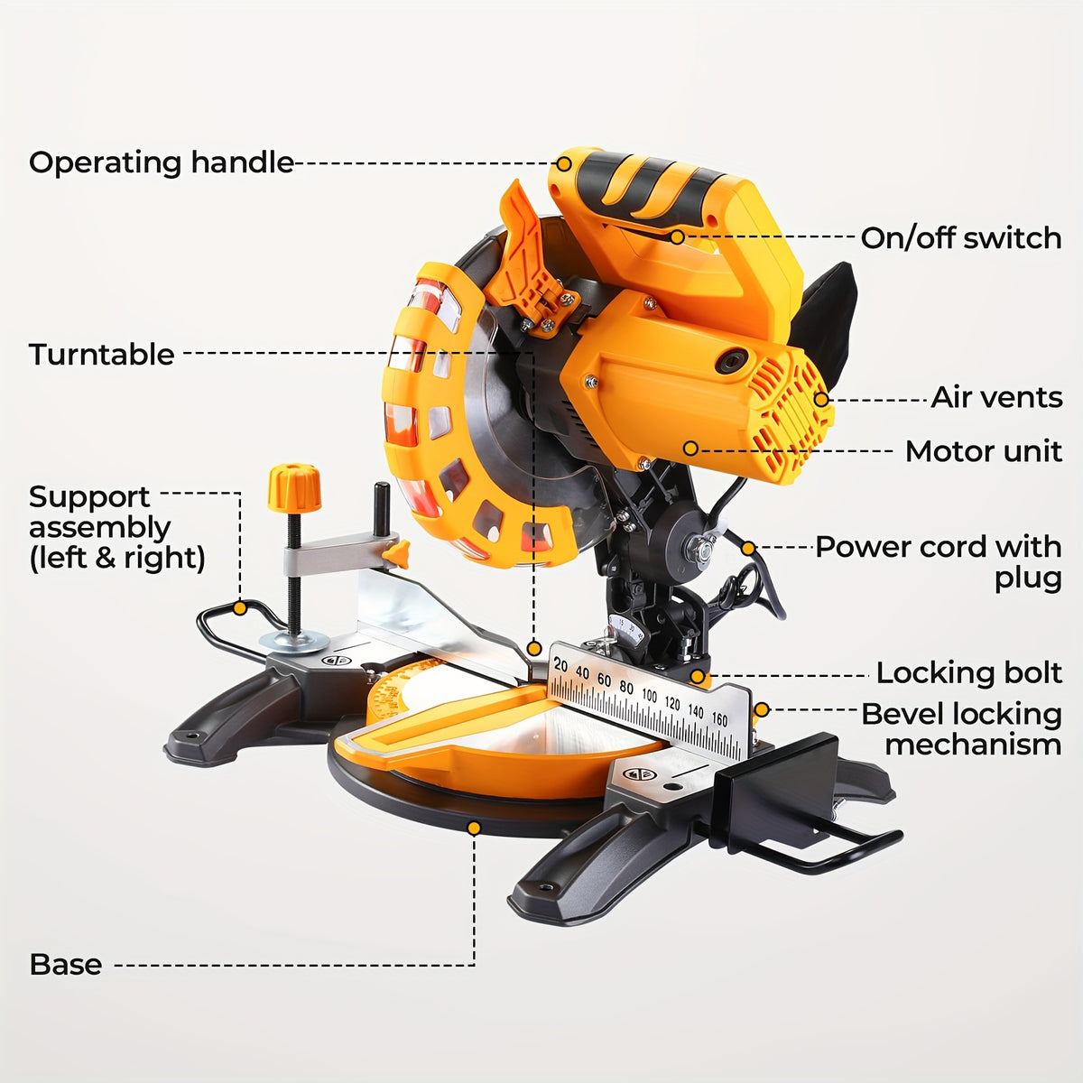 DEKO Corded Miter Saw with Ring Spanner | 210mm Blade | 5000 RPM | 120V 12A/1450W | Electric Sliding Industrial Miter Saw | for Construction Woodworking, Furniture Factories, Metalworking Shops | for Cutting Wood, Metal, Pipes | Easter Gift