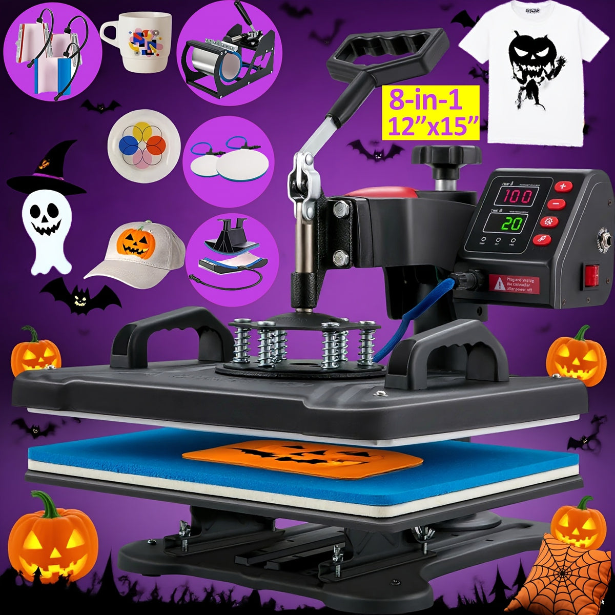 11pcs 8-in-1 - 15"x15"/12"x15" Heat Press Set for T-Shirts, Bags, Pillows, Hats, Beanies, Roller - 12"x10" T-Shirt Machine(Weight 25.35 Lbs) & 15"x15" Auto Single-Workbench & 15"x15" Auto Dual-Workbench Heat Press Only for Cloth, Shirts, Canvas Bags