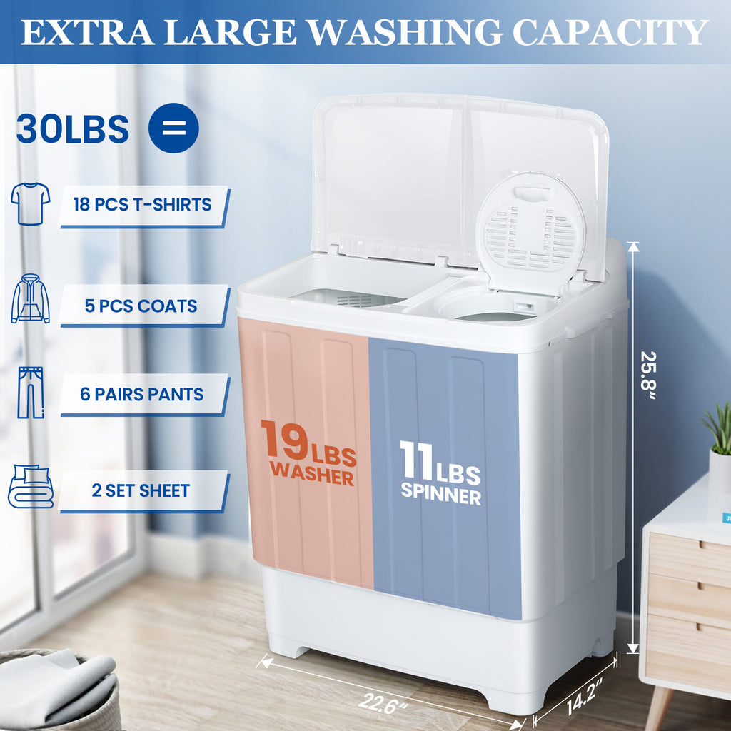 30lbs Portable Washer, Twin Tub Washer and Dryer Combo Laundry Washing Machine, Semi-Auto Washer Machine with Wash & Dehydration, 19Lbs Washer 11Lbs Spinner Laundry Appliances for Home, Apartment, Dorms, RV, Ship Cabins, Offices, Bathroom, Balcony