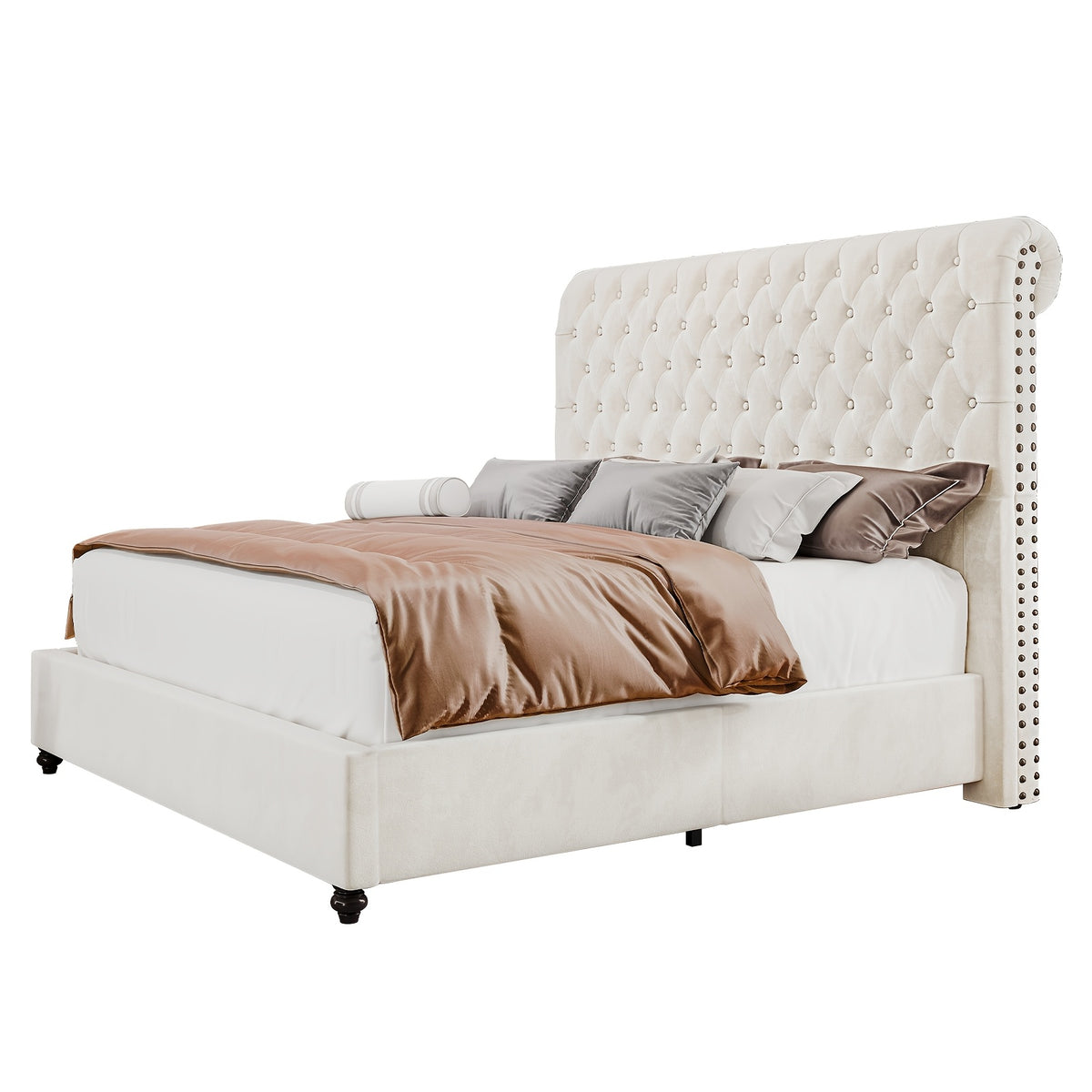 LUXOAK Bed Frame King/Queen Size, Velvet Tall Headboard King Bed Frame with Button Tufted 52.8" Tall Sleigh Headboard, No Box Spring Needed, Easy Assembly