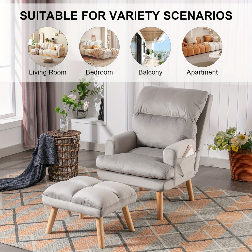 Home Furniture, Modern Style Single Sofa Chair with Ottoman, Adjustable Backrest And Side Pockets, Suitable for Living Room And Bedroom