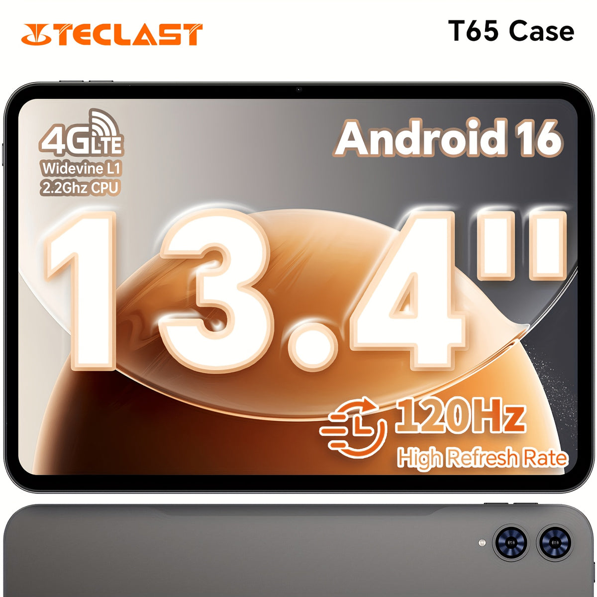 TECLAST T65 2026 Tablet, Android 16, with 20GB (6+14) RAM and 128GB ROM (expandable up to 4TB Via TF Card), 13.4" TDDI FHD 120Hz Gaming Display (1920×1200), Unisoc T7280 Octa-Core 2.2GHz, Dual SIM 5G WiFi + 4G LTE, 8000mAh Battery, Type-C