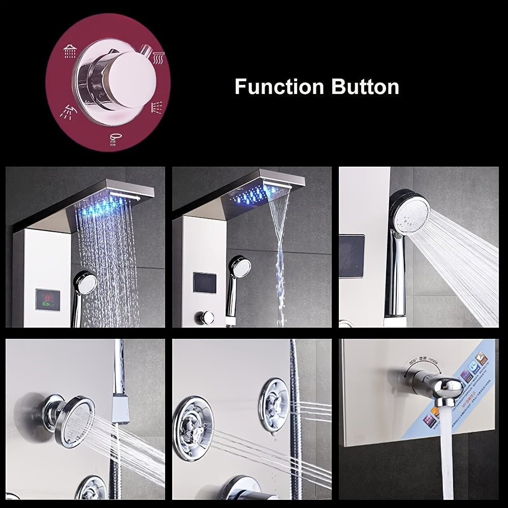 [Shower Panel Tower System] Shower Panel Tower System, Stainless Steel 6-Function Faucet LED Rainfall Waterfall Shower Head Handheld Sprayer Rain Massage Body Jets Tub Spout, Brushed Nickel, Shower System, Bathroom Decor And Accessories
