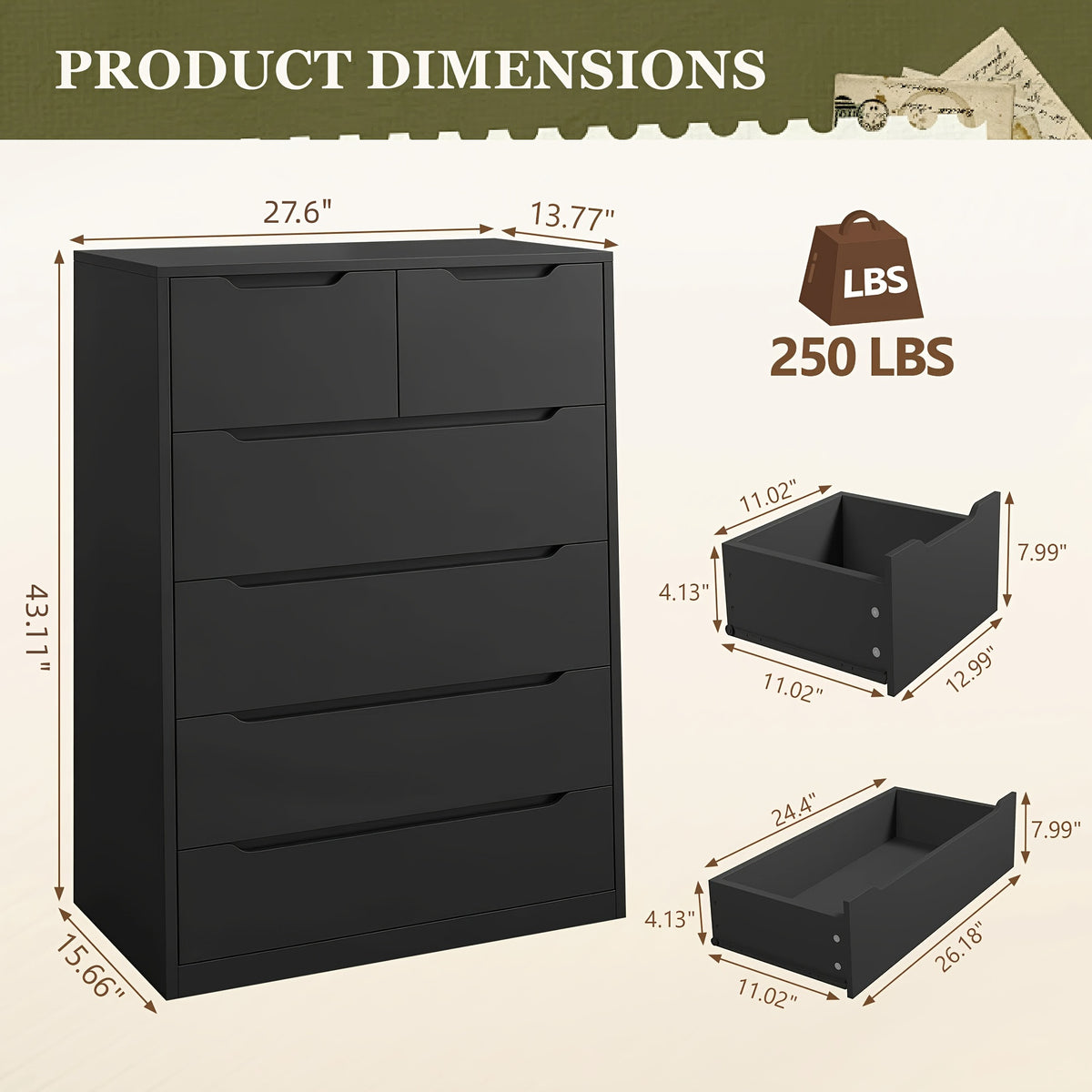 6-Drawer Dresser for Bedroom, Modern Chest of Drawers, Black Dresser with Large Organizer, Deep Drawer And Smooth Metal Rail, Black