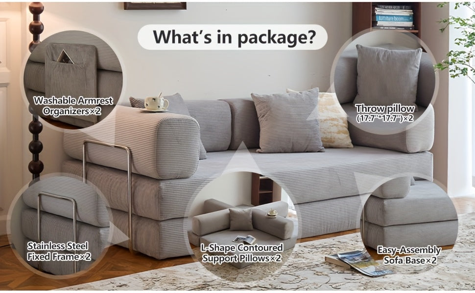 Boneless Sofa Bed, Convertible Modular Sofa With Armrest Pillow, Modular Sofa In A Box Compressed Memory Foam Sofa With Washable Sofa Cover For Living Room, Bedroom, Apartment, No Assembly