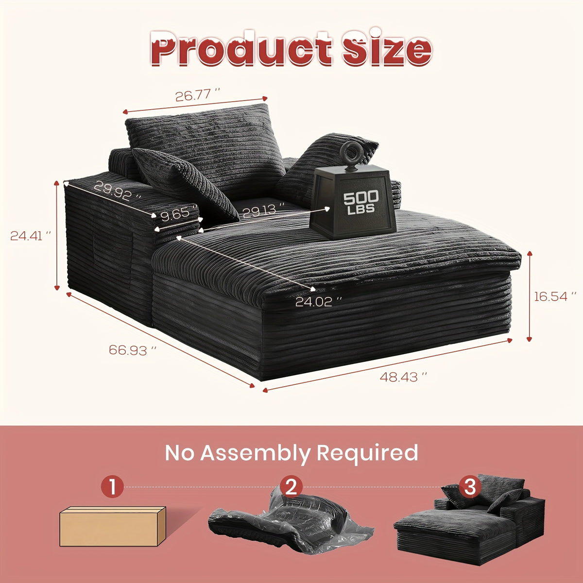 KeepCharm30/68"Recliner Oversized Chaise Lounge Indoor, Additional Cloud-like Cushion No Installation & Easy to Transport Sofa Bed Corduroy Sofa Recliner Chai for Living Room