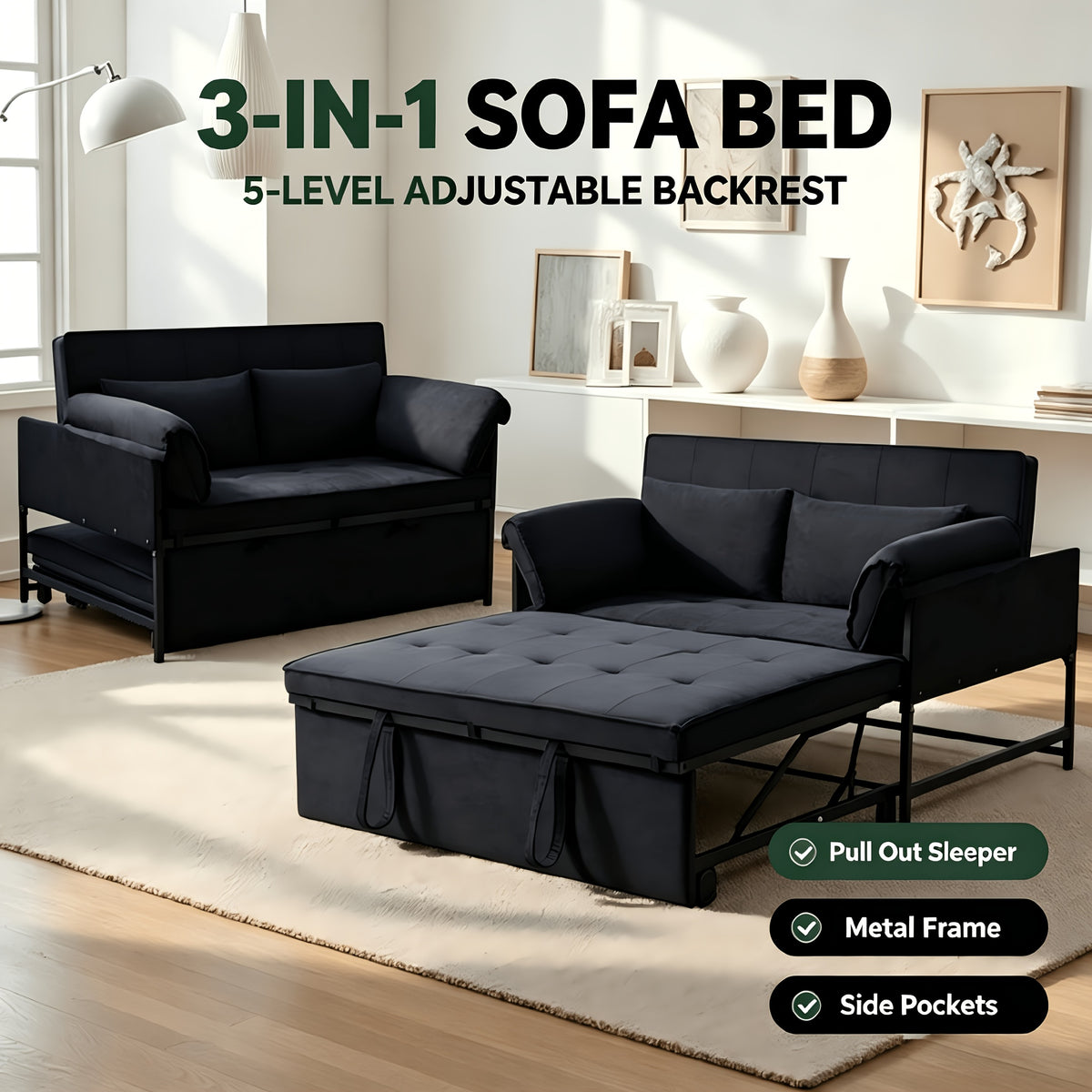 3-In-1 Pull-Out Sofa Bed, 5-Position Adjustable Backrest Velvet Futon Couch with Side Storage Pockets, Metal Frame Sleeper Sofa for Small Apartment, Dorm, Guest Room, 3 Colors Available