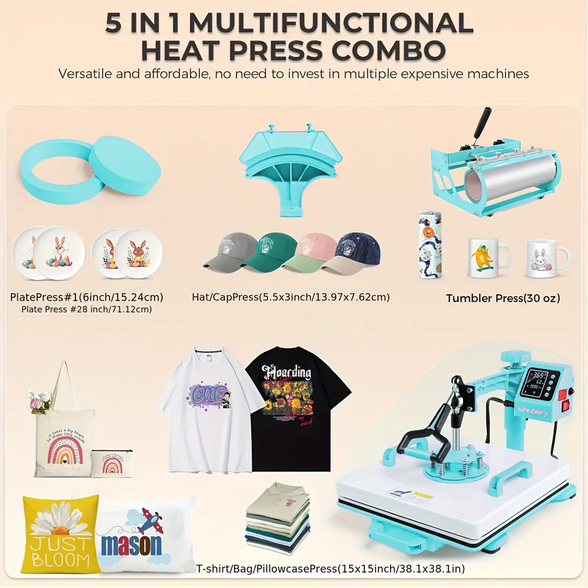 15"x15"/15"x12" - 8-in-1/ 5-in-1 Heat Press Machine Combo, Rotatable Design, Multi-Size Transfer Professional Sublimation Combination, Suitable for T-shirts, Bags, Pillows, Hats, Beanies, Roller - 3in 1 Auto Hat Press Can Only Press Hats