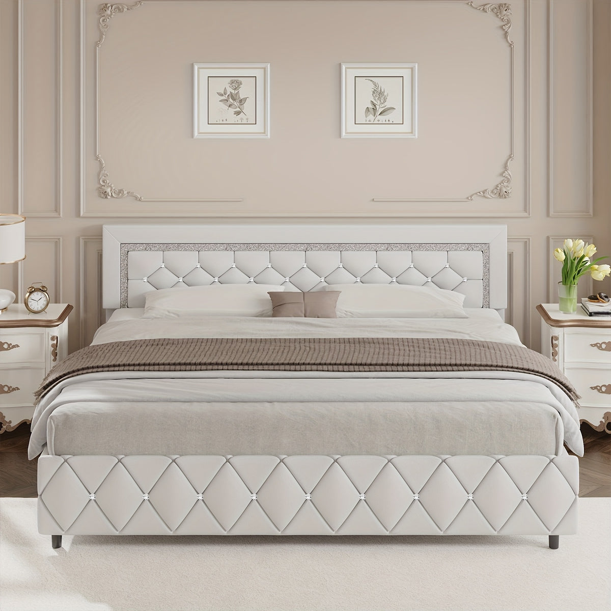 4ever2buy Twin Full Queen King Platform Bed Frame with Upholstered Diamond Headboard, Mattress Foundation with Strong Wooden Slats Support, No Box Spring Needed, Easy Assembly, Valentine's Day Gifts, Pearlized White, Black, Pink, Green, Grey, Beige
