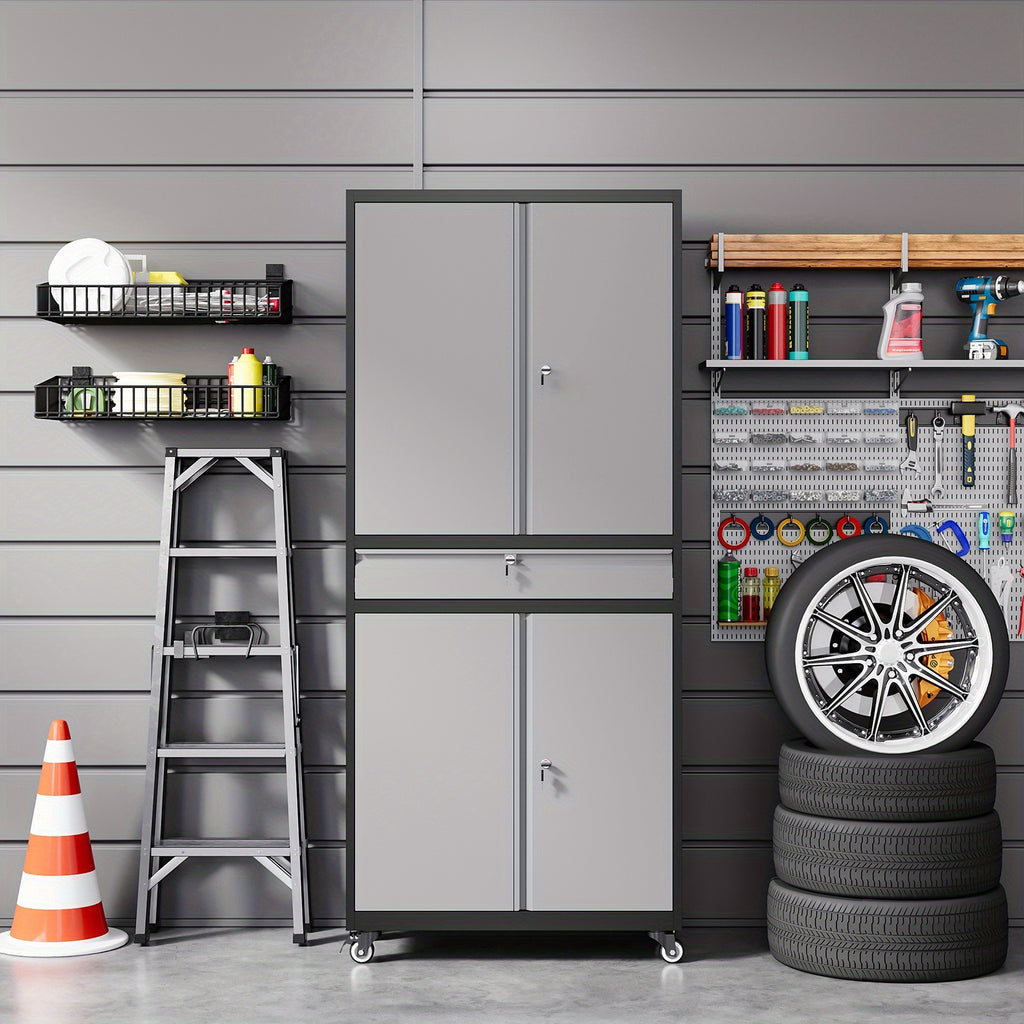 SISESOL Metal Garage Storage Cabinet With Locking Doors And Adjustable Shelves, Rolling Tool Storage Cabinet With 4 Wheels And 1 Drawer - 73" Steel Locking Cabinet For Garage, Warehouse