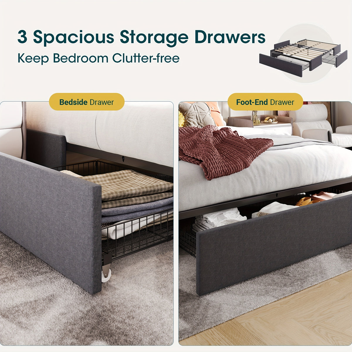 WEEWAY Storage Upholstered Platform Bed Frame, 3 Ample Storage Drawers, Large Under-Bed Space, Wooden Slats Support, No Box Spring Needed, Modern Mattress Foundation, Easy Assembly, Full/Queen Size, Black/Grey Color, for House to Live, Free Shipping