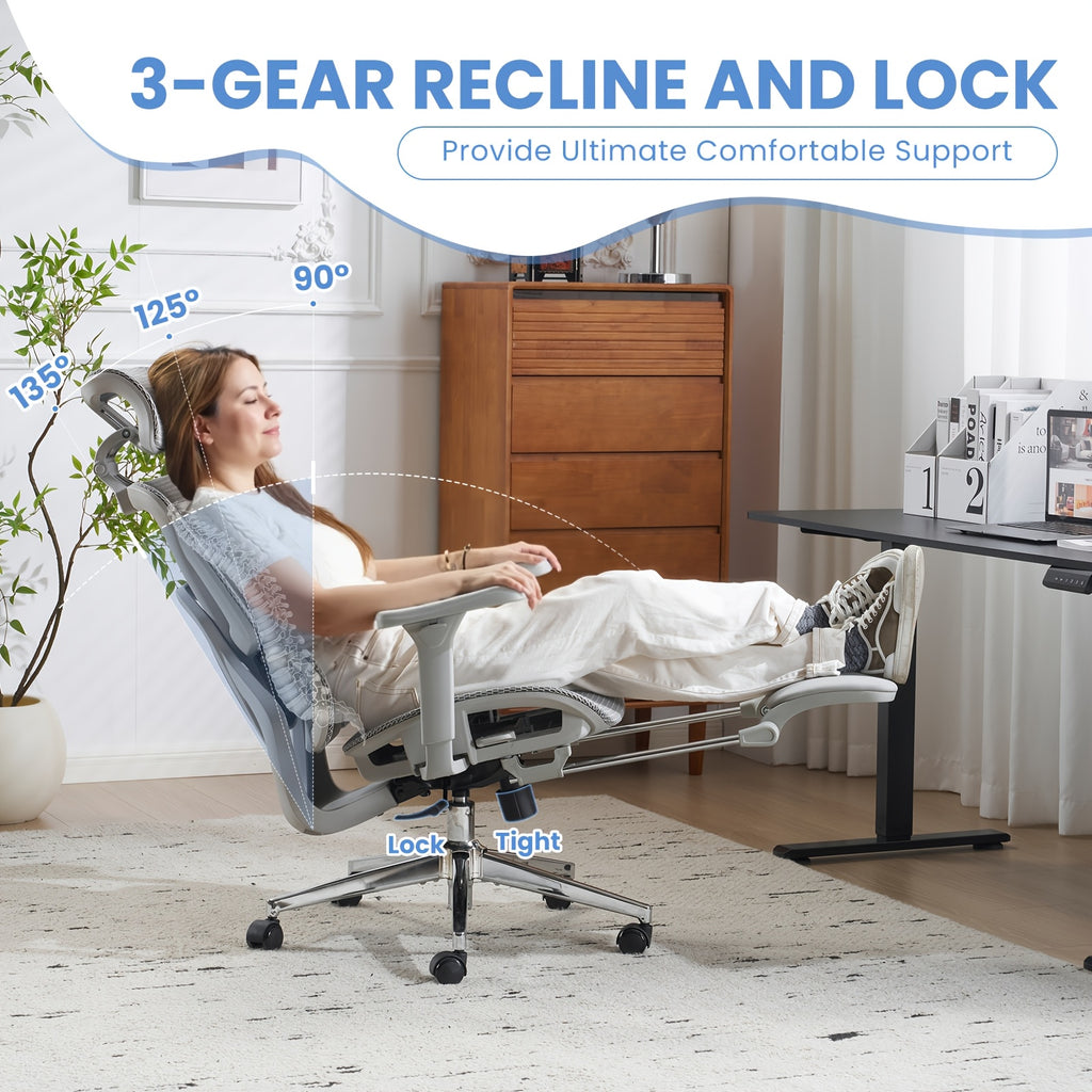 The MOJAY Ergonomic Office Chair Features a Footrest, a Large High-Back Design with Lumbar Support, And Is Suitable for Long Hours of Desk Work. It Includes a Rotating Wheel And 4D Armrests, Making It Ideal for Home Office Use