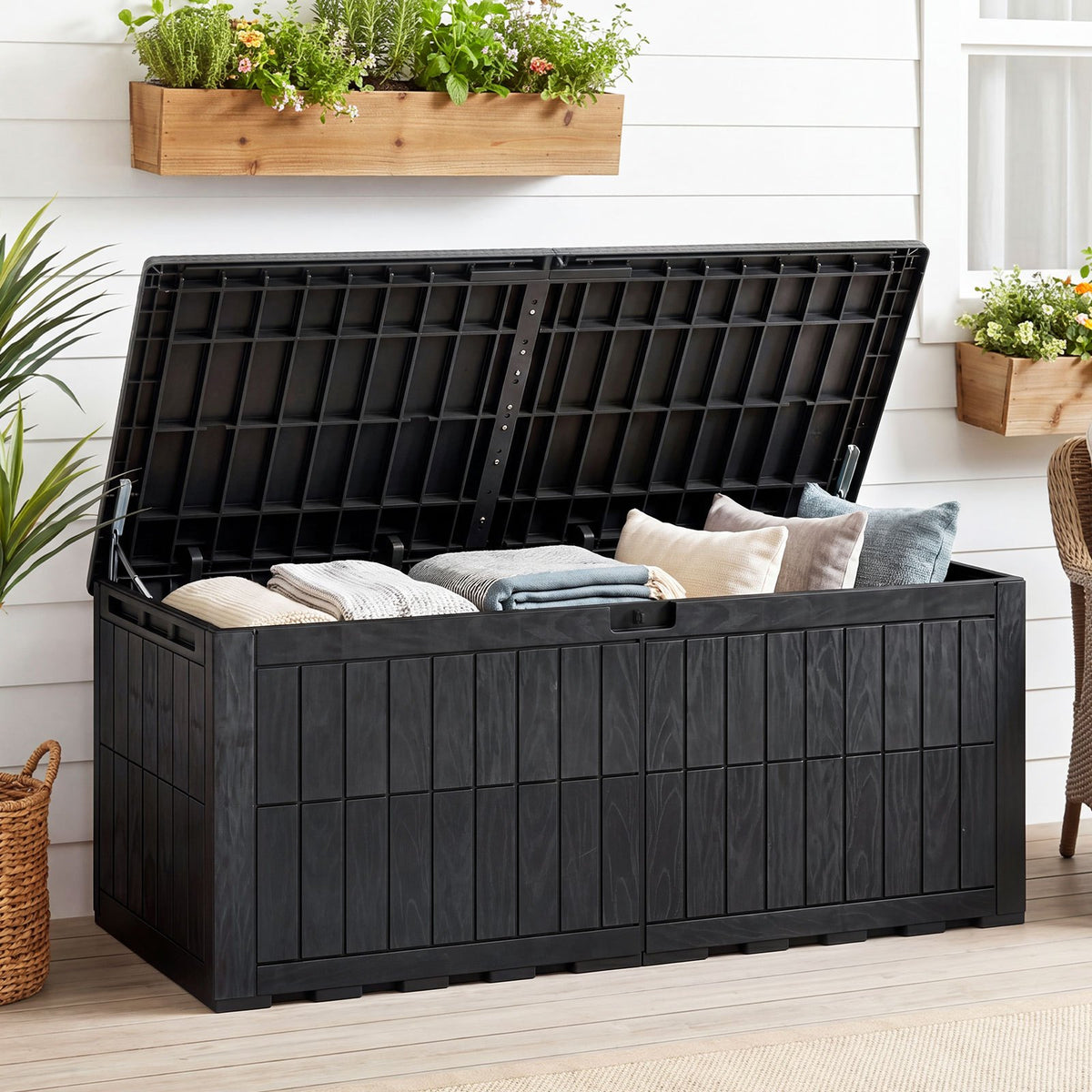 180 Gallon Wicker Deck Box, Weatherproof Lockable Storage Bench with Faux Wood Grain for Patio Cushions Garden Pool Supplies, Box, Cabinet, Rack for Outdoor Storage