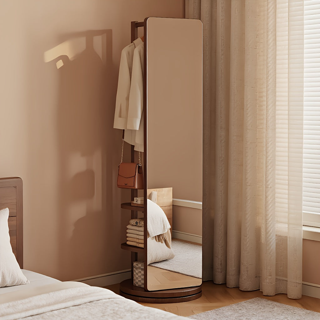 Full Length Mirror with Coat Rack & Storage, 360° Rotating Solid Wood Standing Floor Mirror with Shelves for Bedroom, Entryway, Dressing Room