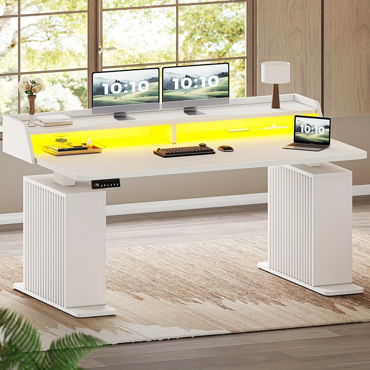 Electric Standing Desk for Home Offices, 55-Inch Farmhouse Workstation with Height Memory and Monitor Shelf