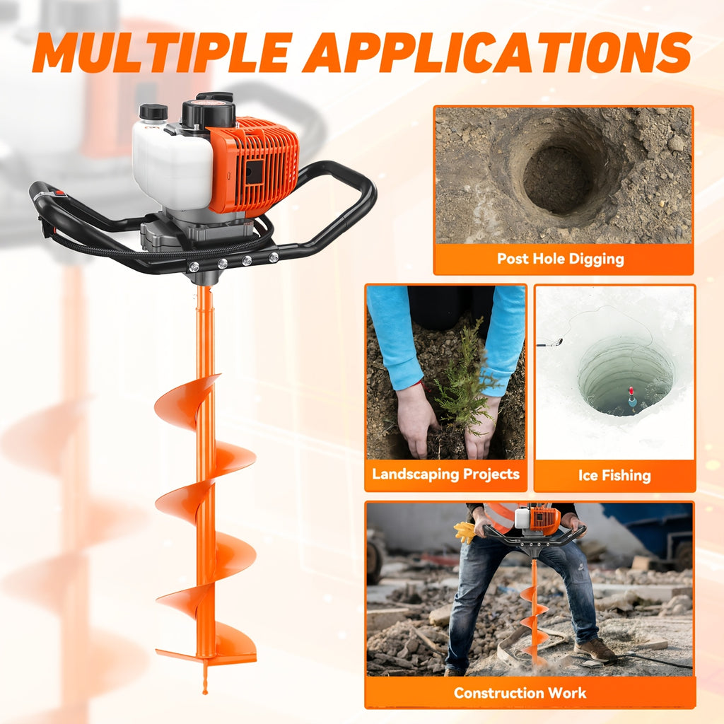 63CC Chisel Hole Excavator, Equipped with 2 Chisel Drill Bits (6 Inches And 10 Inches) And 3 Extension Rods, 2-Stroke Gasoline-Powered Earth Hole Excavator, for Farm Garden Plants