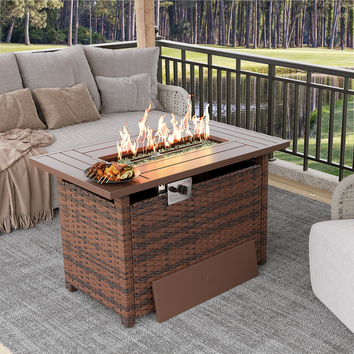 40 inch Propane Fire Pit Table Outdoor - 50,000 BTU Gas Fire Table with Lid & Rocks, Waterproof Cover Metal Clearance Firepit for Patio, Backyard, Deck (Rectangular Steel, 40"/44", Black/Brown)