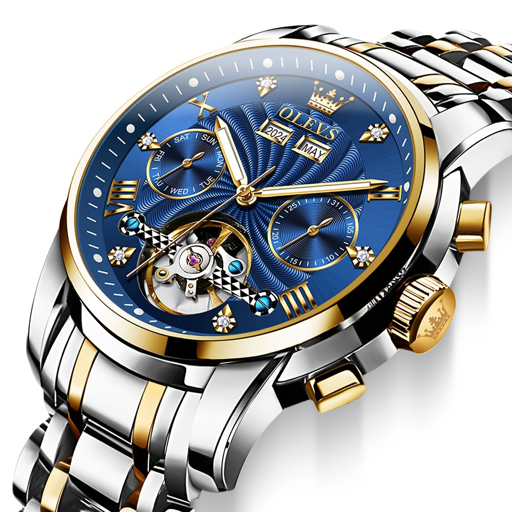 OLEVS Men's Mechanical Watch — Automatic Stainless Steel Wristwatch with Luminous Dual-Calendar Large Dial