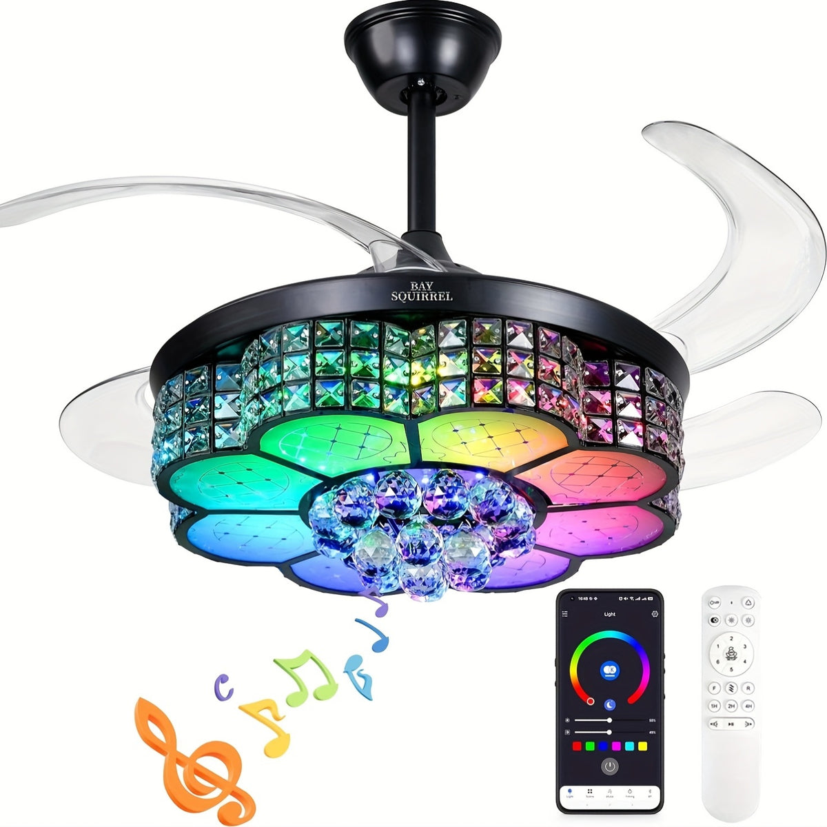 42-Inch Crystal Decoration with RGB Ceiling Fan And Light, Supports Infinite Dimming And Light Memory. with Speakers, 6 Speeds Reversible Blades, Flush Mount Chandelier Ceiling Fan Remote Control And APP Convenient Control Way