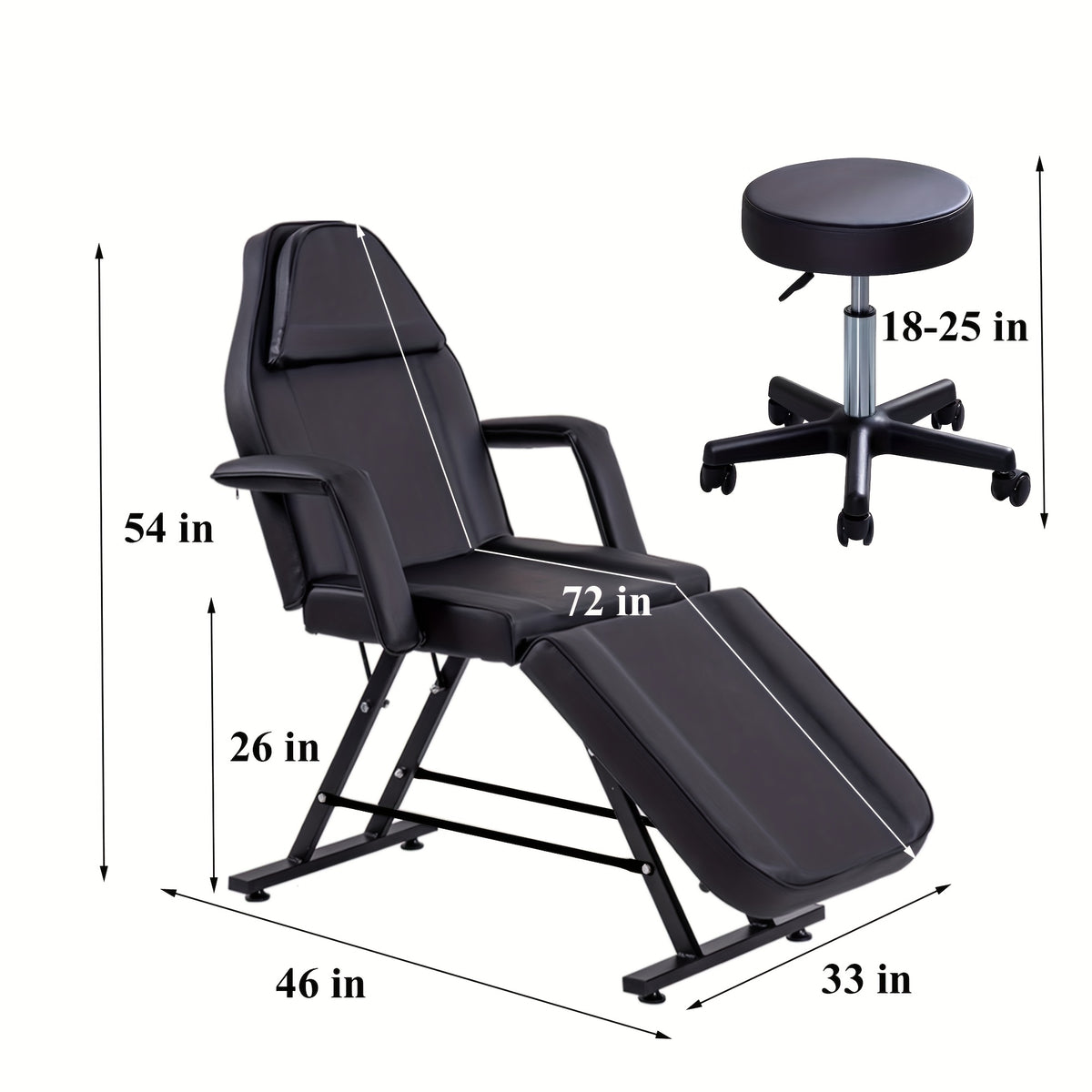 Beauty Bed with Stool Massage Table with Head Cushion 3-Section Adjustable Beauty Bed Professional Tattoo SPA Salon Chair (Black)