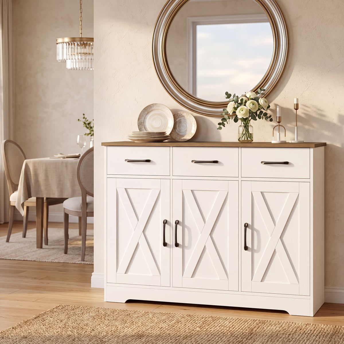 FULTRU Modern Farmhouse Cabinet with Barn Door & Sliding Panel Doors Suitable for Kitchen, Dining Room Storage, Freestanding Buffet Furniture with Drawers and Open Shelves, Assembly Required, Multifunctional Sideboard