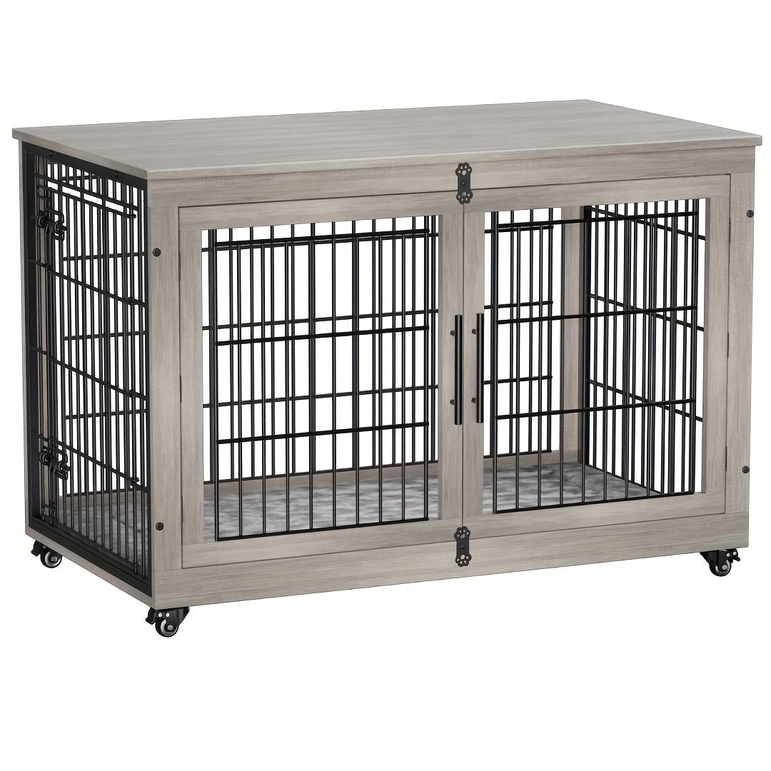 43/36/29/27in Furniture-style Wooden Dog Crate with Anti-Slip Mat, Adjustable Door, Secure Lock, Available In Gray/Brown, Easy to Move with Wheels Or Stable with Anti-Slip Foot Pads, Easy to Clean Pet Cage, Ideal for Home, Living Room Or Bedroom