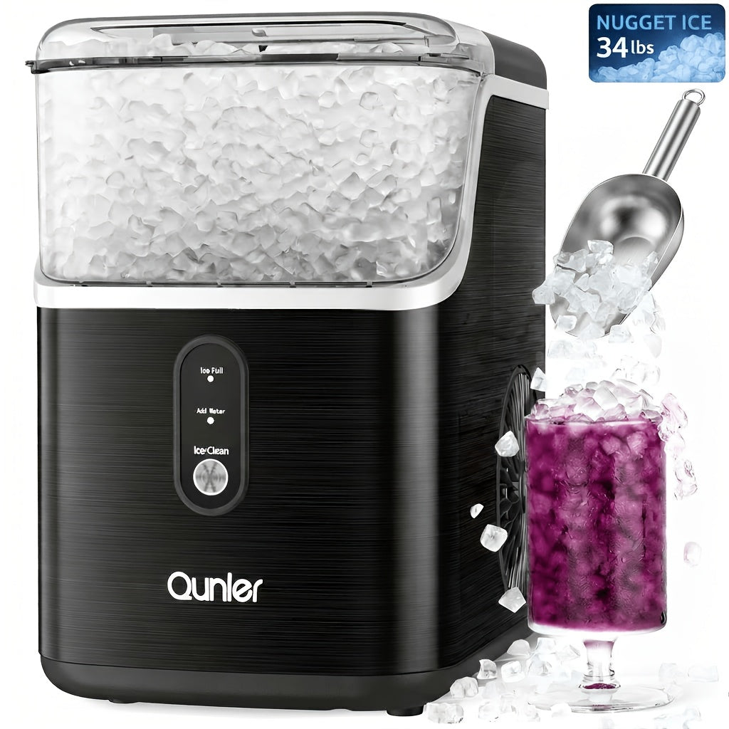 Countertop Nugget Ice Maker, Qunler 33/44 Lbs/Day Self-Cleaning Soft Chewable Pellet Ice Machine with Ice Scoop & Ice Basket for Iced Coffee, Soda, Tea, Cold Drinks, Kitchen, Office, RV, Camping, Stainless Steel, Black